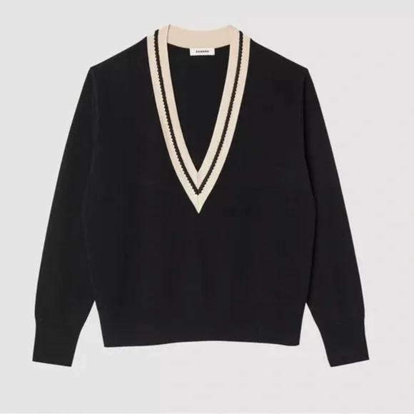 Sandro black v-neck wool and cashmere sweater - Picture 1 of 3